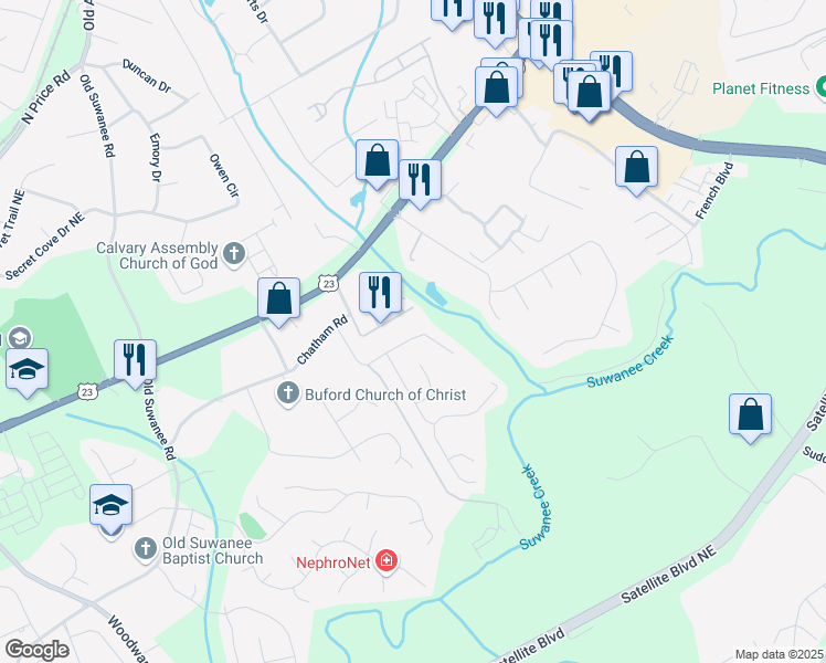 map of restaurants, bars, coffee shops, grocery stores, and more near 1326 Castleberry Drive in Buford