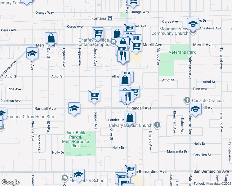 map of restaurants, bars, coffee shops, grocery stores, and more near 9248 Olive Street in Fontana