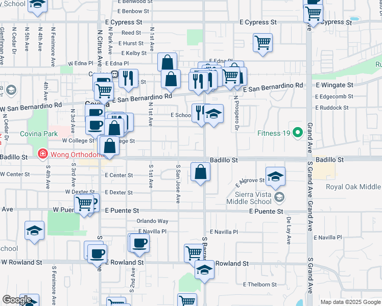 map of restaurants, bars, coffee shops, grocery stores, and more near 101 East Badillo Street in Covina