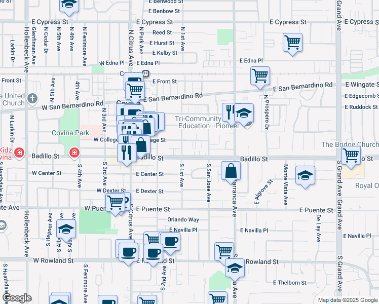 map of restaurants, bars, coffee shops, grocery stores, and more near 332 East Badillo Street in Covina
