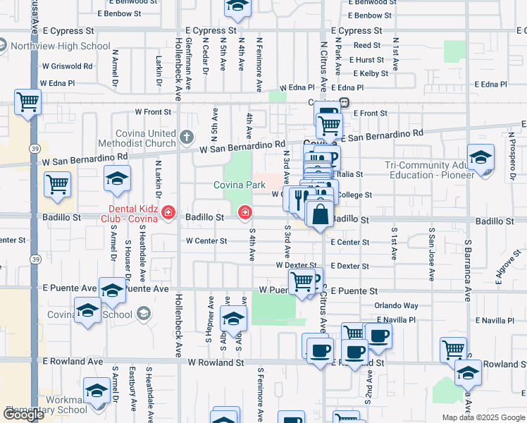 map of restaurants, bars, coffee shops, grocery stores, and more near 256 West Badillo Street in Covina