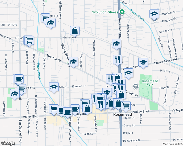 map of restaurants, bars, coffee shops, grocery stores, and more near 8752 Mission Drive in Rosemead