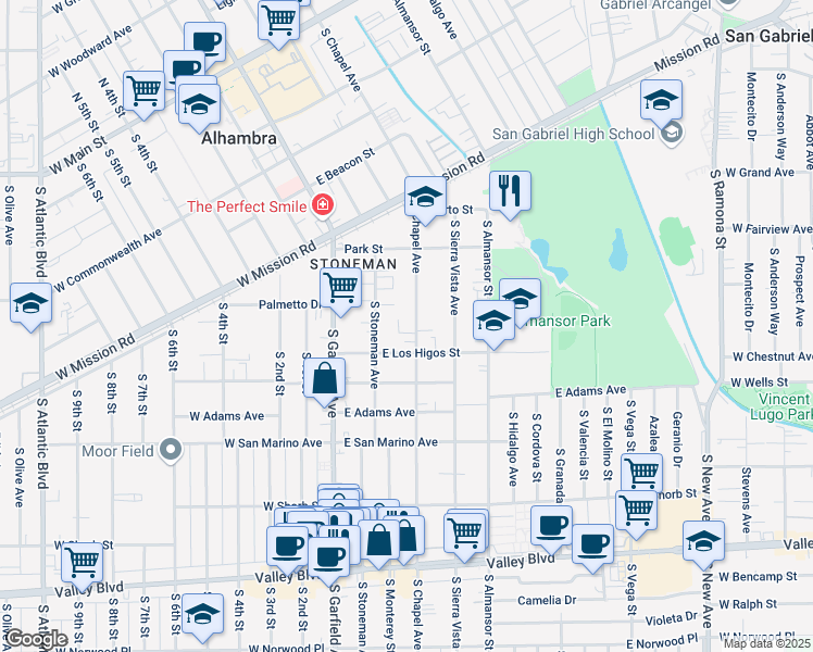 map of restaurants, bars, coffee shops, grocery stores, and more near 117 East Los Higos Street in Alhambra