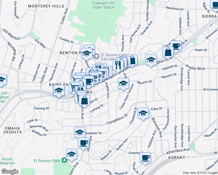 map of restaurants, bars, coffee shops, grocery stores, and more near 3503 Pueblo Avenue in Los Angeles