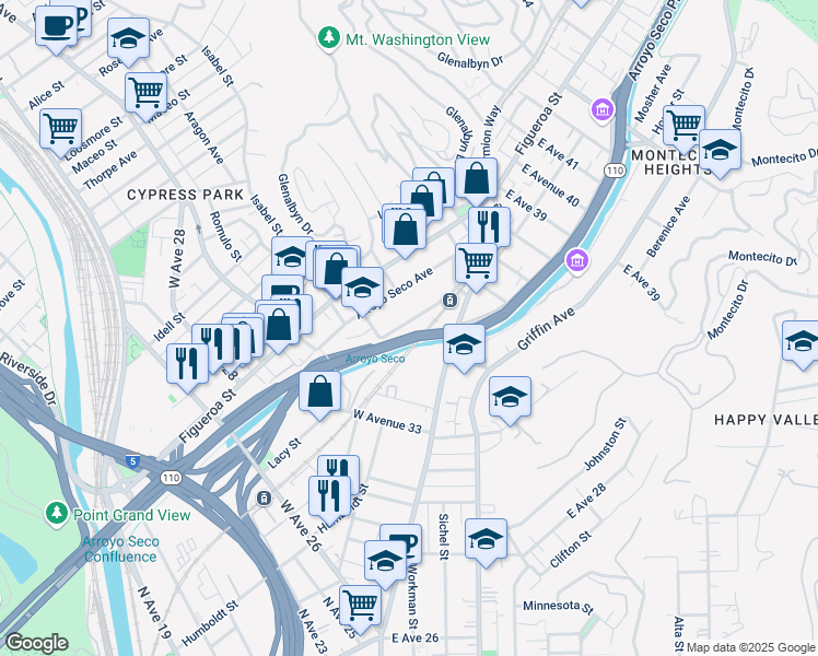 map of restaurants, bars, coffee shops, grocery stores, and more near 3436 Marmion Way in Los Angeles