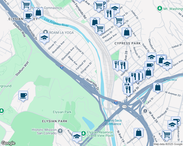 map of restaurants, bars, coffee shops, grocery stores, and more near 2205 Duvall Street in Los Angeles