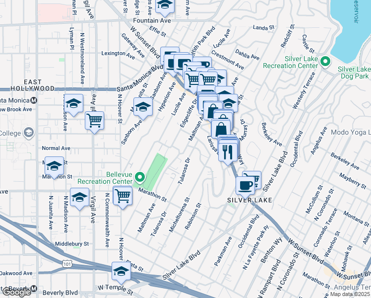 map of restaurants, bars, coffee shops, grocery stores, and more near 962 Maltman Avenue in Los Angeles