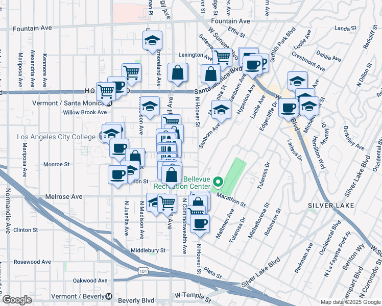 map of restaurants, bars, coffee shops, grocery stores, and more near 4029 Monroe Street in Los Angeles