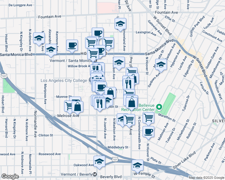 map of restaurants, bars, coffee shops, grocery stores, and more near 4213 Monroe Street in Los Angeles