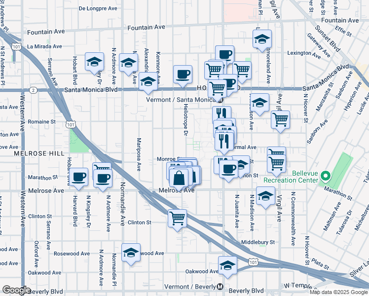 map of restaurants, bars, coffee shops, grocery stores, and more near in Los Angeles