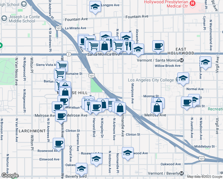 map of restaurants, bars, coffee shops, grocery stores, and more near 842 North Ardmore Avenue in Los Angeles