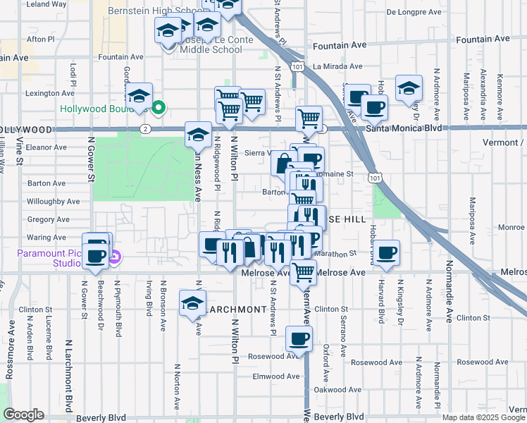 map of restaurants, bars, coffee shops, grocery stores, and more near 5433 Monroe Street in Los Angeles