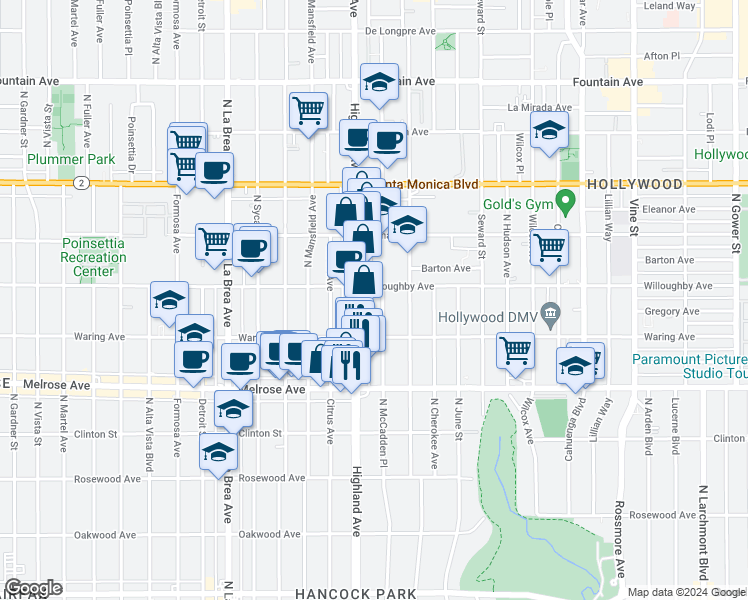 map of restaurants, bars, coffee shops, grocery stores, and more near 821 North McCadden Place in Los Angeles