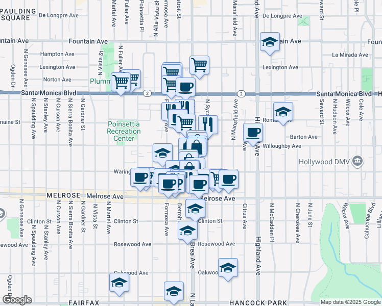 map of restaurants, bars, coffee shops, grocery stores, and more near 832b North La Brea Avenue in Los Angeles