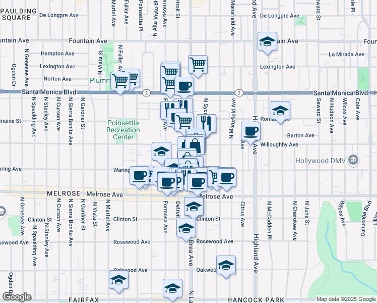 map of restaurants, bars, coffee shops, grocery stores, and more near 832b North La Brea Avenue in Los Angeles