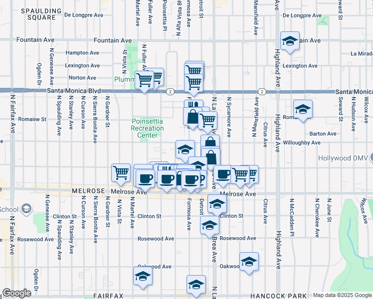 map of restaurants, bars, coffee shops, grocery stores, and more near 822 North Alta Vista Boulevard in West Hollywood