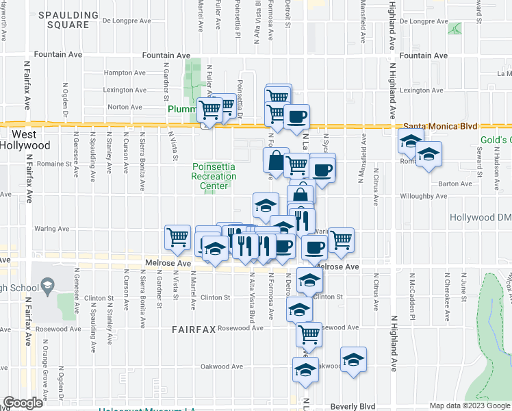 map of restaurants, bars, coffee shops, grocery stores, and more near 822 North Alta Vista Boulevard in West Hollywood