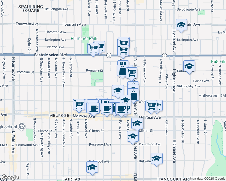 map of restaurants, bars, coffee shops, grocery stores, and more near 822 North Alta Vista Boulevard in West Hollywood