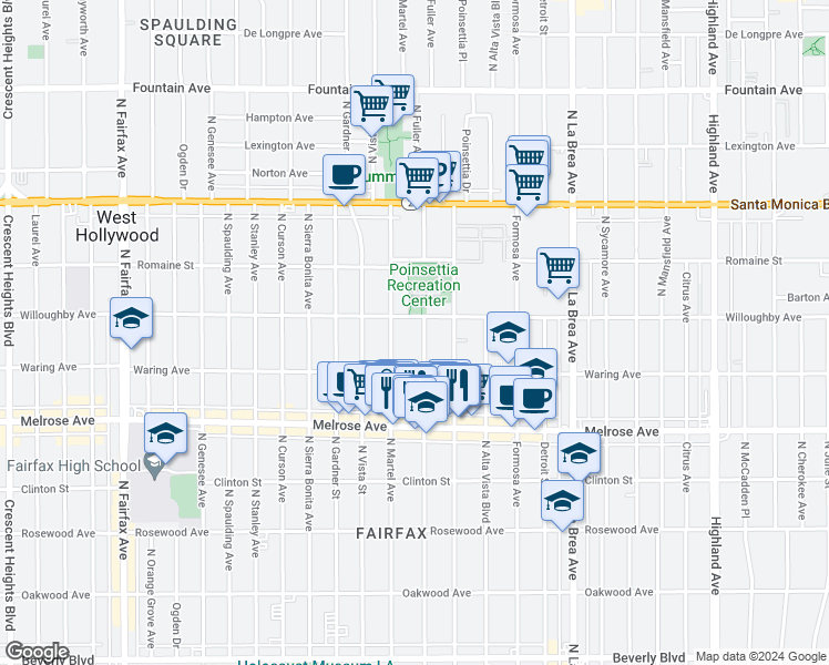 map of restaurants, bars, coffee shops, grocery stores, and more near 823 North Fuller Avenue in Los Angeles
