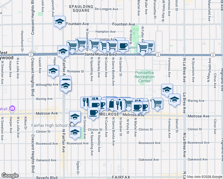 map of restaurants, bars, coffee shops, grocery stores, and more near 823 North Sierra Bonita Avenue in West Hollywood