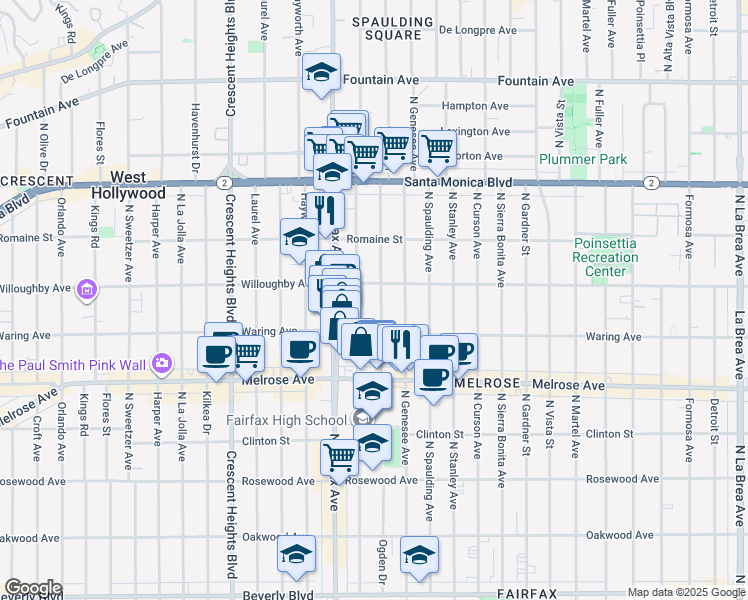 map of restaurants, bars, coffee shops, grocery stores, and more near 814 North Orange Grove Avenue in Los Angeles