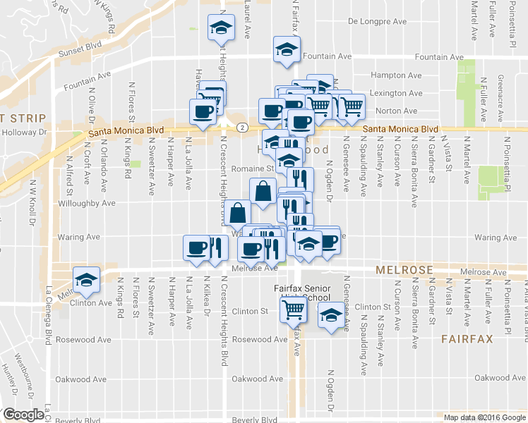 map of restaurants, bars, coffee shops, grocery stores, and more near 812 North Edinburgh Avenue in Los Angeles