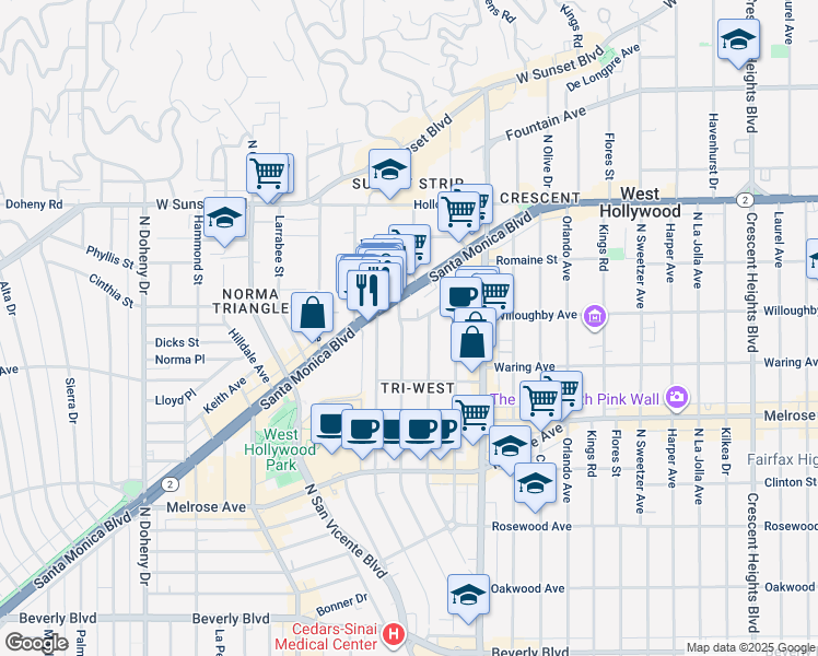 map of restaurants, bars, coffee shops, grocery stores, and more near 833 Westbourne Drive in West Hollywood