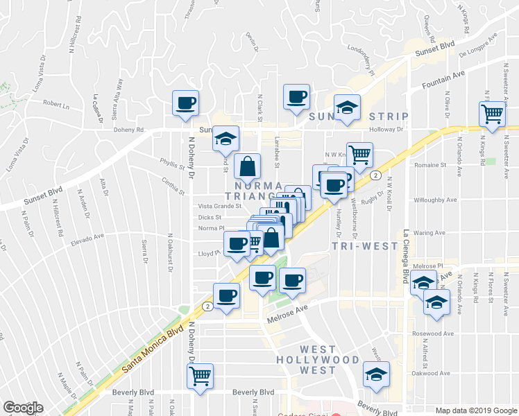 map of restaurants, bars, coffee shops, grocery stores, and more near 855 Hilldale Avenue in West Hollywood