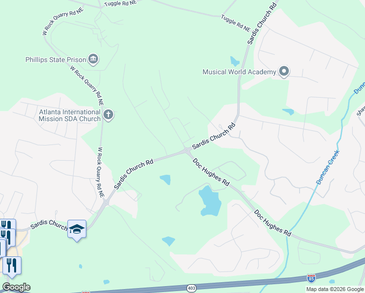 map of restaurants, bars, coffee shops, grocery stores, and more near 2582 Doc Hughes Road in Buford