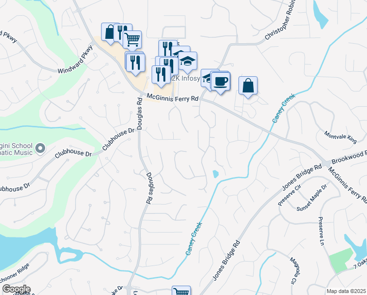 map of restaurants, bars, coffee shops, grocery stores, and more near 5265 Bentley Hall Drive in Alpharetta