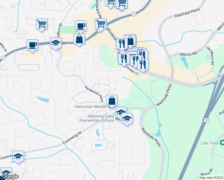 map of restaurants, bars, coffee shops, grocery stores, and more near 3053 Westwood Way in Alpharetta