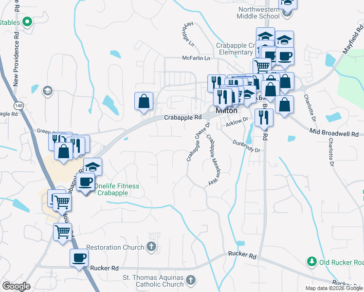 map of restaurants, bars, coffee shops, grocery stores, and more near 12530 Crabapple Tree Court in Alpharetta
