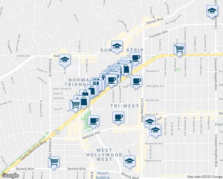 map of restaurants, bars, coffee shops, grocery stores, and more near in West Hollywood