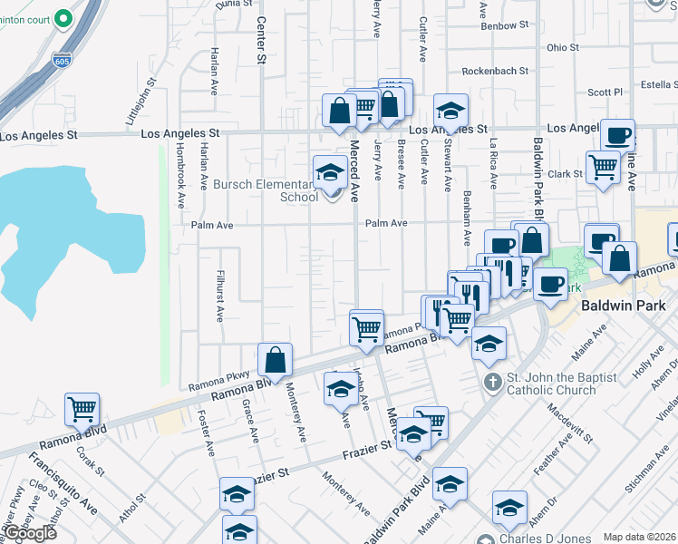 map of restaurants, bars, coffee shops, grocery stores, and more near 4038 Walnut Street in Baldwin Park