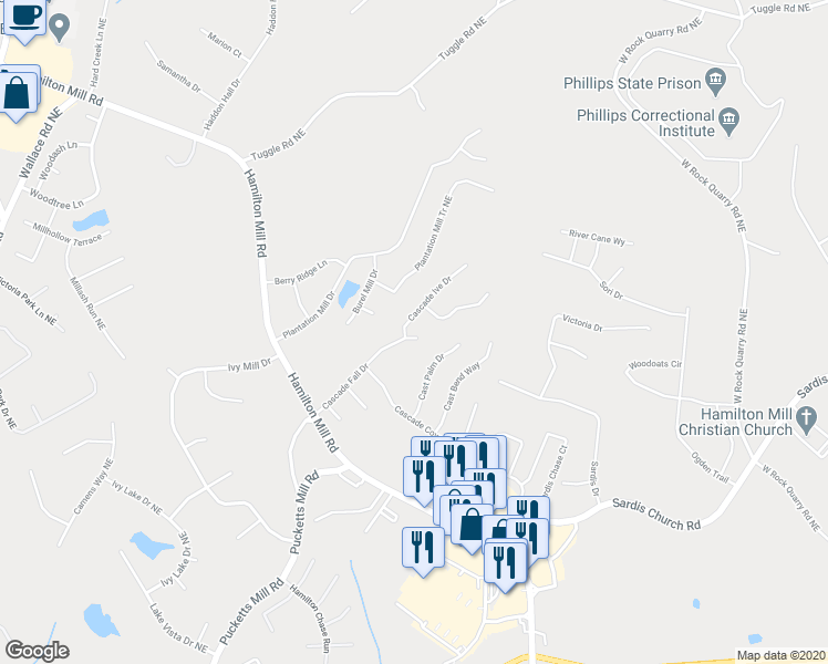 map of restaurants, bars, coffee shops, grocery stores, and more near 3470 Cascade Falls Drive in Buford