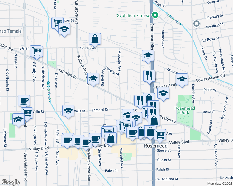 map of restaurants, bars, coffee shops, grocery stores, and more near 8752 Mission Drive in Rosemead
