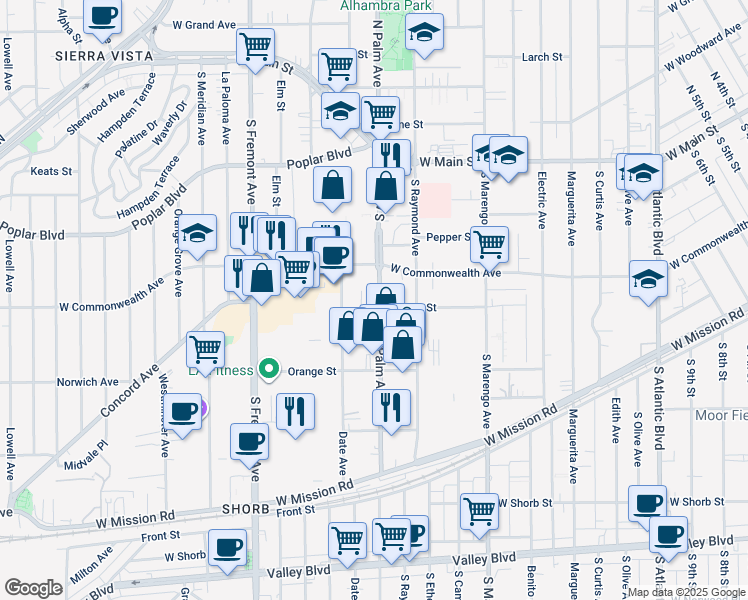 map of restaurants, bars, coffee shops, grocery stores, and more near 400 Date Avenue in Alhambra
