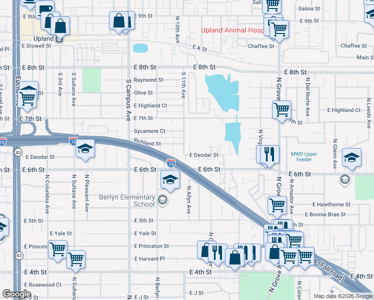 map of restaurants, bars, coffee shops, grocery stores, and more near 1548 North 11th Avenue in Ontario