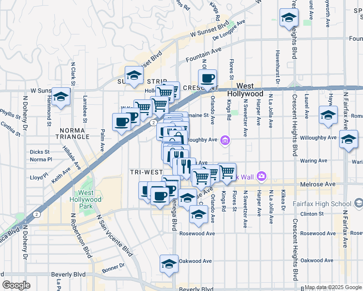 map of restaurants, bars, coffee shops, grocery stores, and more near 821 North Alfred Street in Los Angeles