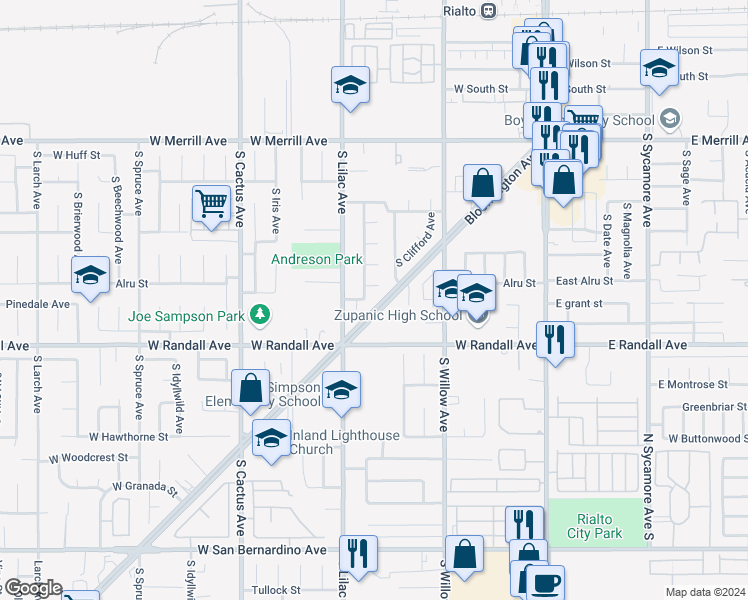 map of restaurants, bars, coffee shops, grocery stores, and more near 829 South Verde Avenue in Rialto