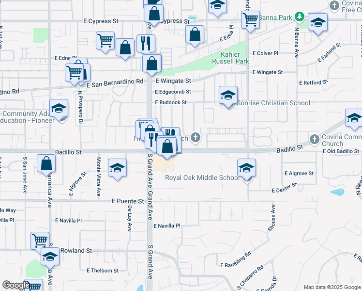 map of restaurants, bars, coffee shops, grocery stores, and more near 1021 Badillo Street in Covina
