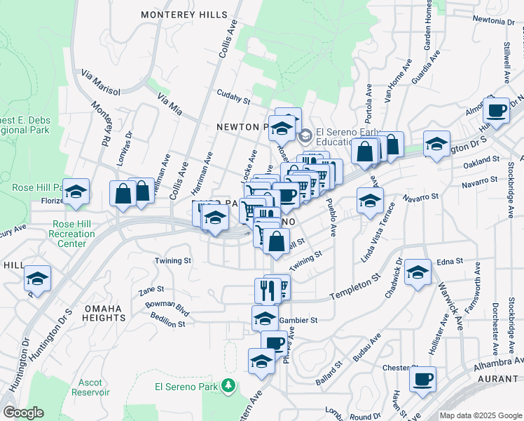 map of restaurants, bars, coffee shops, grocery stores, and more near 2 El Sereno Avenue in Los Angeles