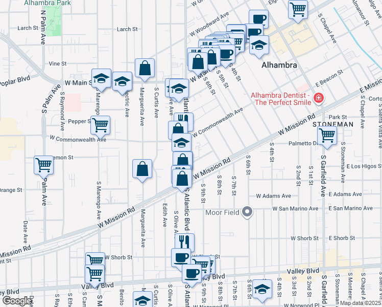 map of restaurants, bars, coffee shops, grocery stores, and more near 914 West Beacon Street in Alhambra