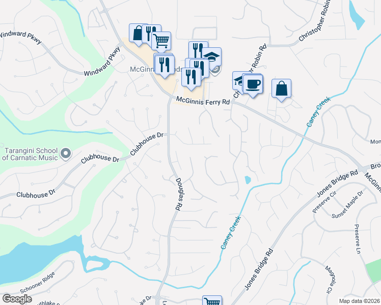 map of restaurants, bars, coffee shops, grocery stores, and more near 12578 Huntington Trace in Alpharetta