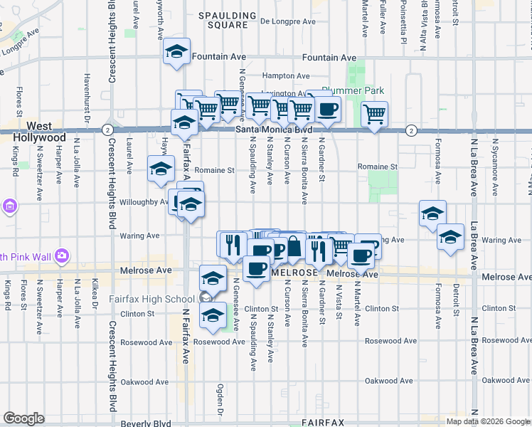map of restaurants, bars, coffee shops, grocery stores, and more near 816 North Stanley Avenue in Los Angeles