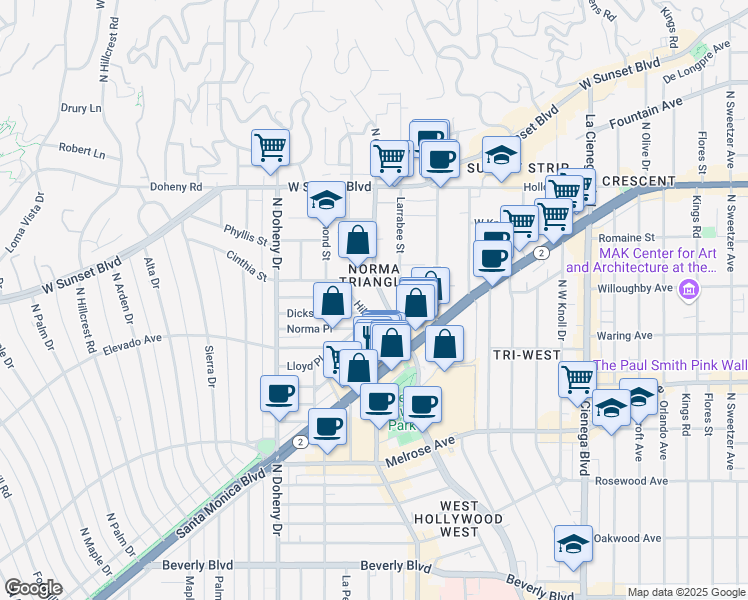 map of restaurants, bars, coffee shops, grocery stores, and more near 851 North San Vicente Boulevard in West Hollywood
