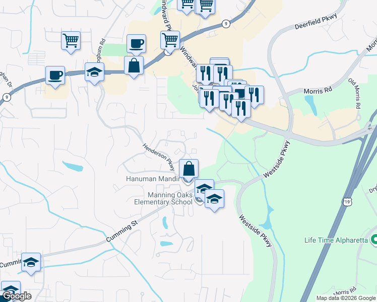 map of restaurants, bars, coffee shops, grocery stores, and more near 3051 Westwood Way in Alpharetta