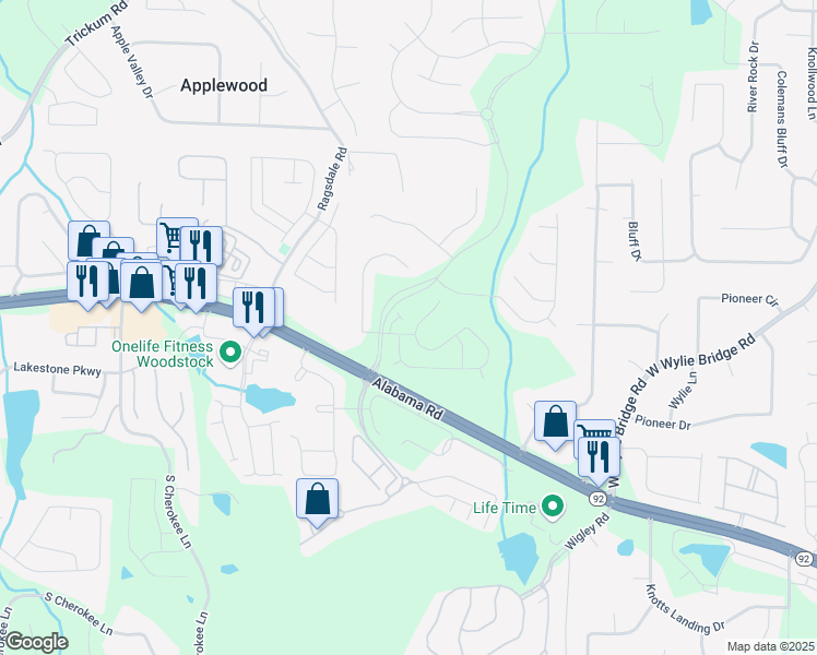 map of restaurants, bars, coffee shops, grocery stores, and more near 115 Brianna Way in Woodstock