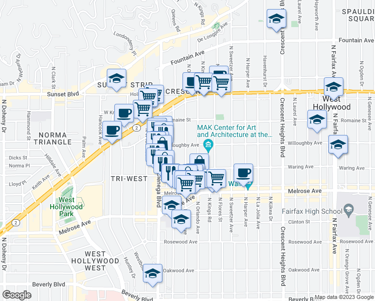 map of restaurants, bars, coffee shops, grocery stores, and more near 822 North Croft Avenue in Los Angeles