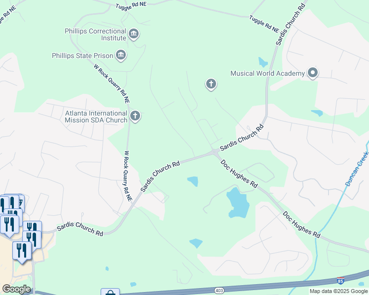 map of restaurants, bars, coffee shops, grocery stores, and more near 2626 Sardis Way in Buford